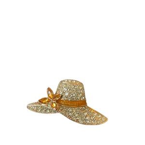 Monet hat brooch pin Gold tone with clear orange rhinestones